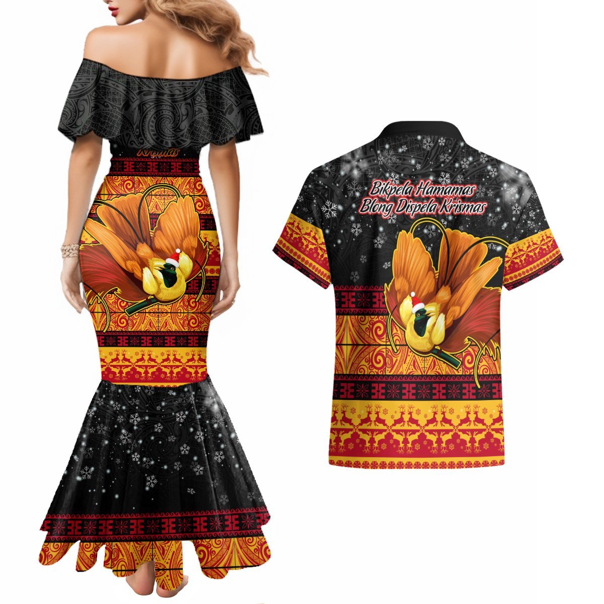 PNG Hamamas Krismas Couples Matching Mermaid Dress and Hawaiian Shirt Papua New Guinea Bird Of Paradise Merry Christmas Black Style LT9 - Polynesian Pride