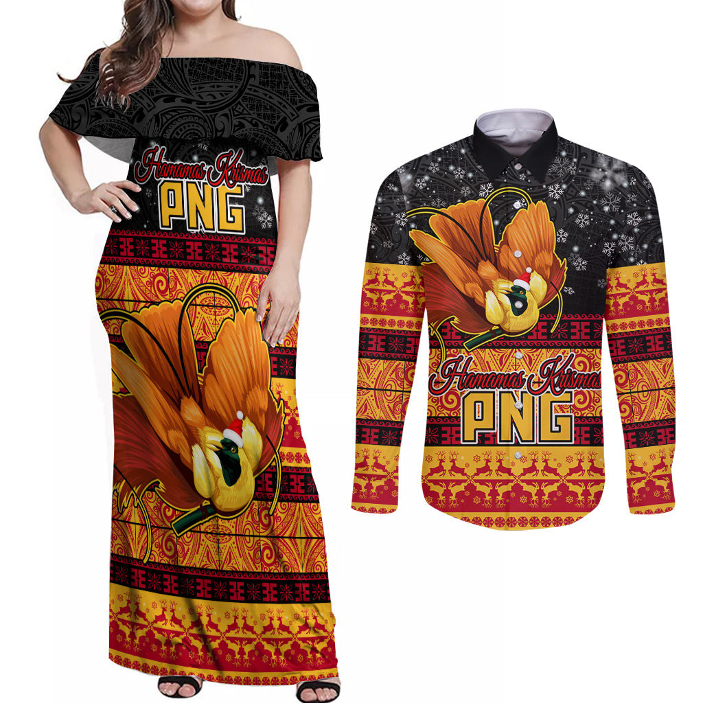 PNG Hamamas Krismas Couples Matching Off Shoulder Maxi Dress and Long Sleeve Button Shirt Papua New Guinea Bird Of Paradise Merry Christmas Black Style LT9 Black - Polynesian Pride