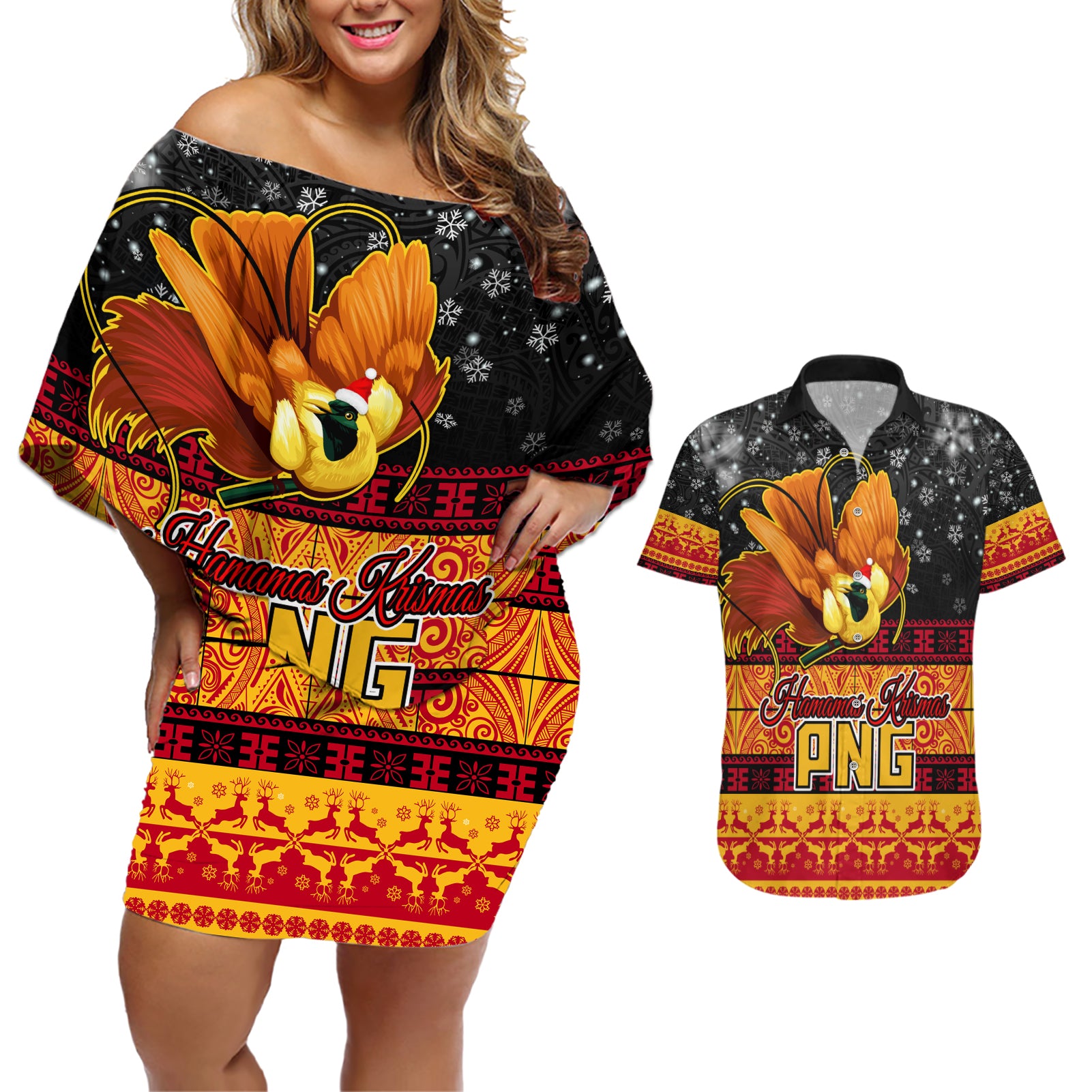 PNG Hamamas Krismas Couples Matching Off Shoulder Short Dress and Hawaiian Shirt Papua New Guinea Bird Of Paradise Merry Christmas Black Style LT9 Black - Polynesian Pride