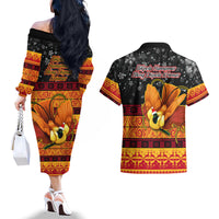 PNG Hamamas Krismas Couples Matching Off The Shoulder Long Sleeve Dress and Hawaiian Shirt Papua New Guinea Bird Of Paradise Merry Christmas Black Style LT9 - Polynesian Pride