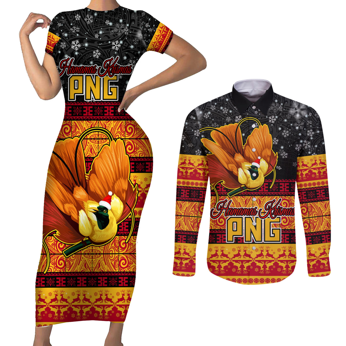 PNG Hamamas Krismas Couples Matching Short Sleeve Bodycon Dress and Long Sleeve Button Shirt Papua New Guinea Bird Of Paradise Merry Christmas Black Style LT9 Black - Polynesian Pride
