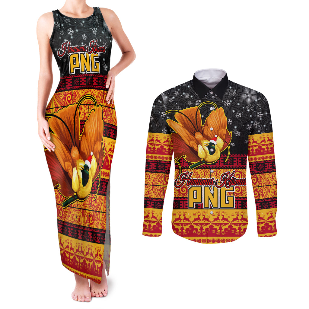PNG Hamamas Krismas Couples Matching Tank Maxi Dress and Long Sleeve Button Shirt Papua New Guinea Bird Of Paradise Merry Christmas Black Style LT9 Black - Polynesian Pride
