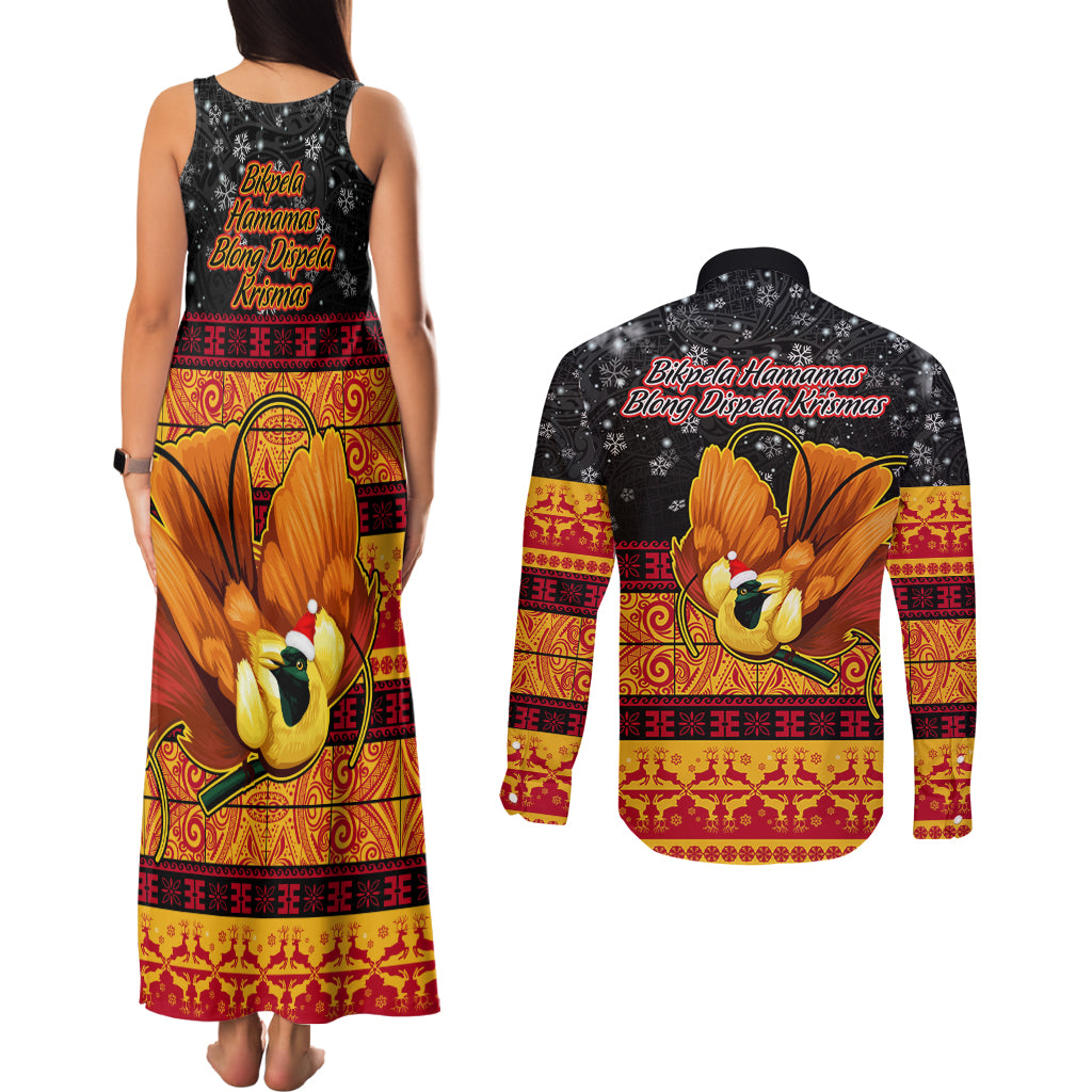 PNG Hamamas Krismas Couples Matching Tank Maxi Dress and Long Sleeve Button Shirt Papua New Guinea Bird Of Paradise Merry Christmas Black Style LT9 - Polynesian Pride
