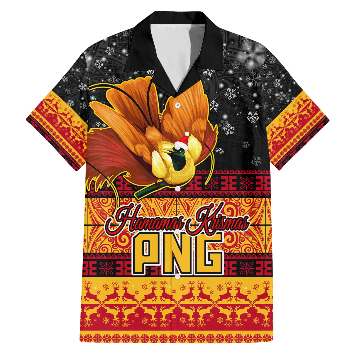 PNG Hamamas Krismas Family Matching Mermaid Dress and Hawaiian Shirt Papua New Guinea Bird Of Paradise Merry Christmas Black Style LT9 Dad's Shirt - Short Sleeve Black - Polynesian Pride