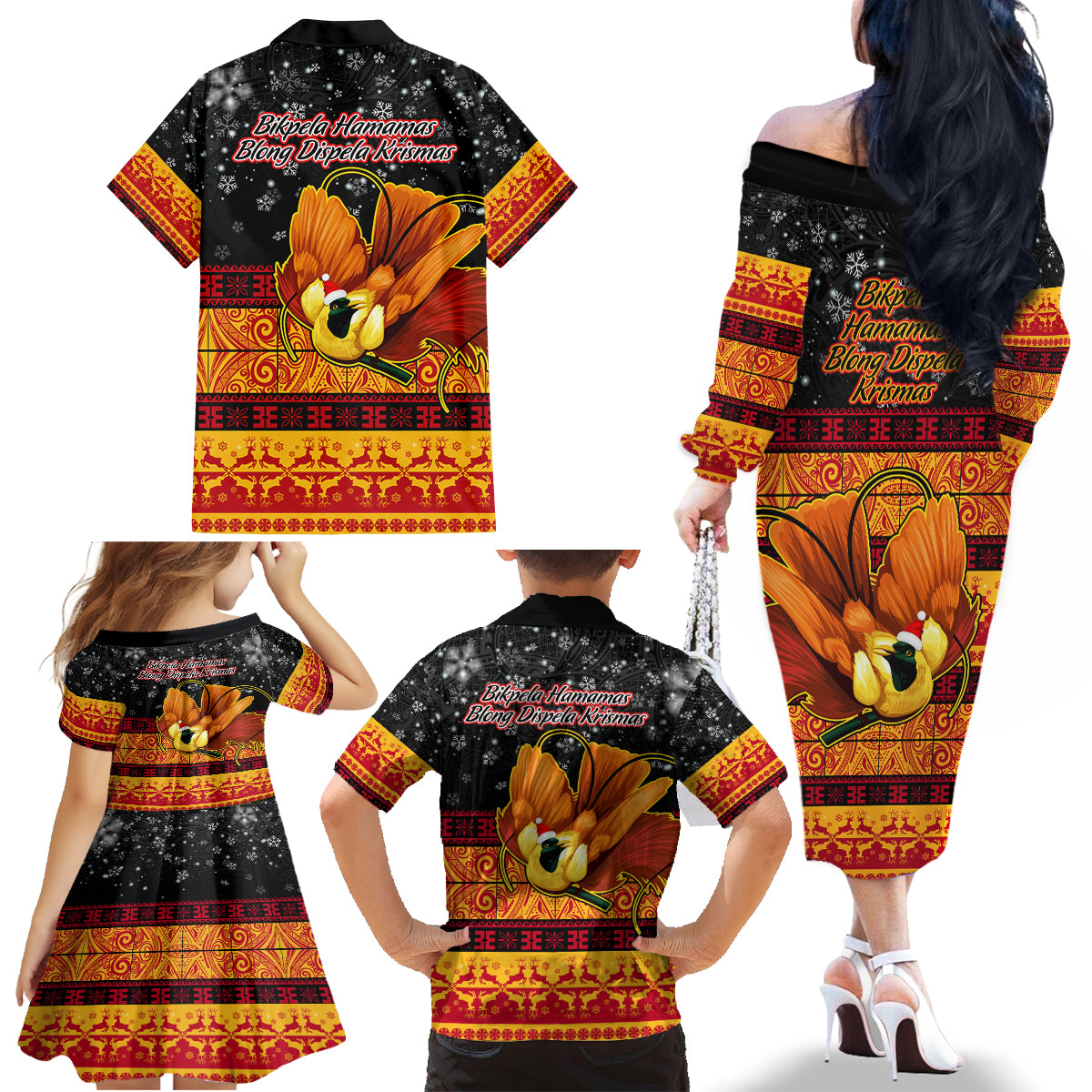 PNG Hamamas Krismas Family Matching Off Shoulder Long Sleeve Dress and Hawaiian Shirt Papua New Guinea Bird Of Paradise Merry Christmas Black Style LT9 - Polynesian Pride