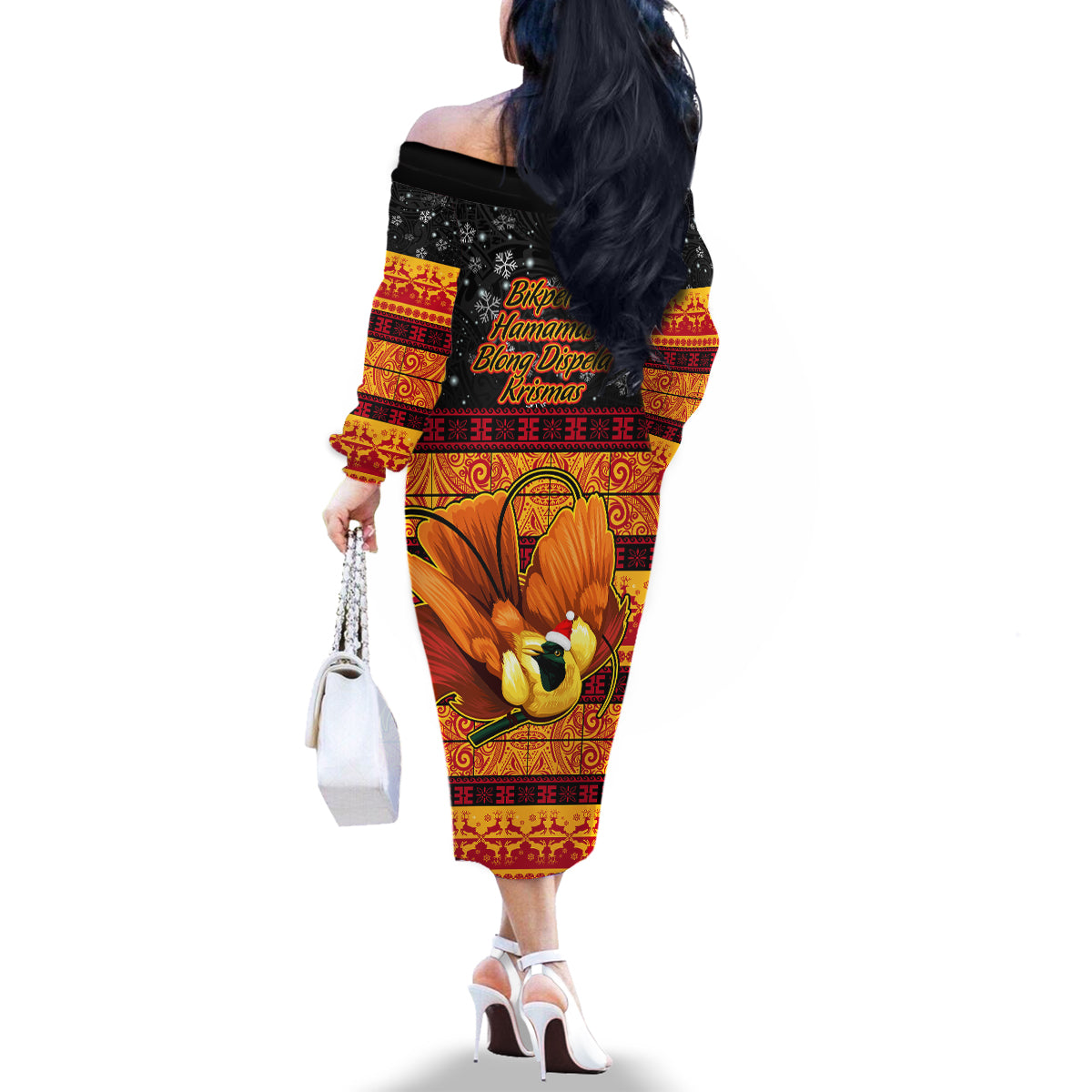PNG Hamamas Krismas Family Matching Off Shoulder Long Sleeve Dress and Hawaiian Shirt Papua New Guinea Bird Of Paradise Merry Christmas Black Style LT9 - Polynesian Pride