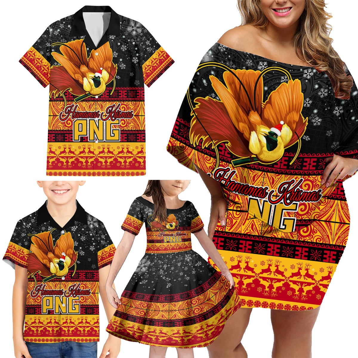 PNG Hamamas Krismas Family Matching Off Shoulder Short Dress and Hawaiian Shirt Papua New Guinea Bird Of Paradise Merry Christmas Black Style LT9 - Polynesian Pride