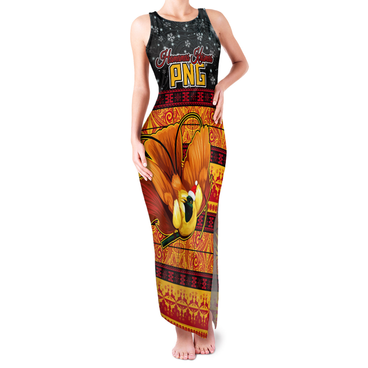PNG Hamamas Krismas Family Matching Tank Maxi Dress and Hawaiian Shirt Papua New Guinea Bird Of Paradise Merry Christmas Black Style LT9 Mom's Dress Black - Polynesian Pride