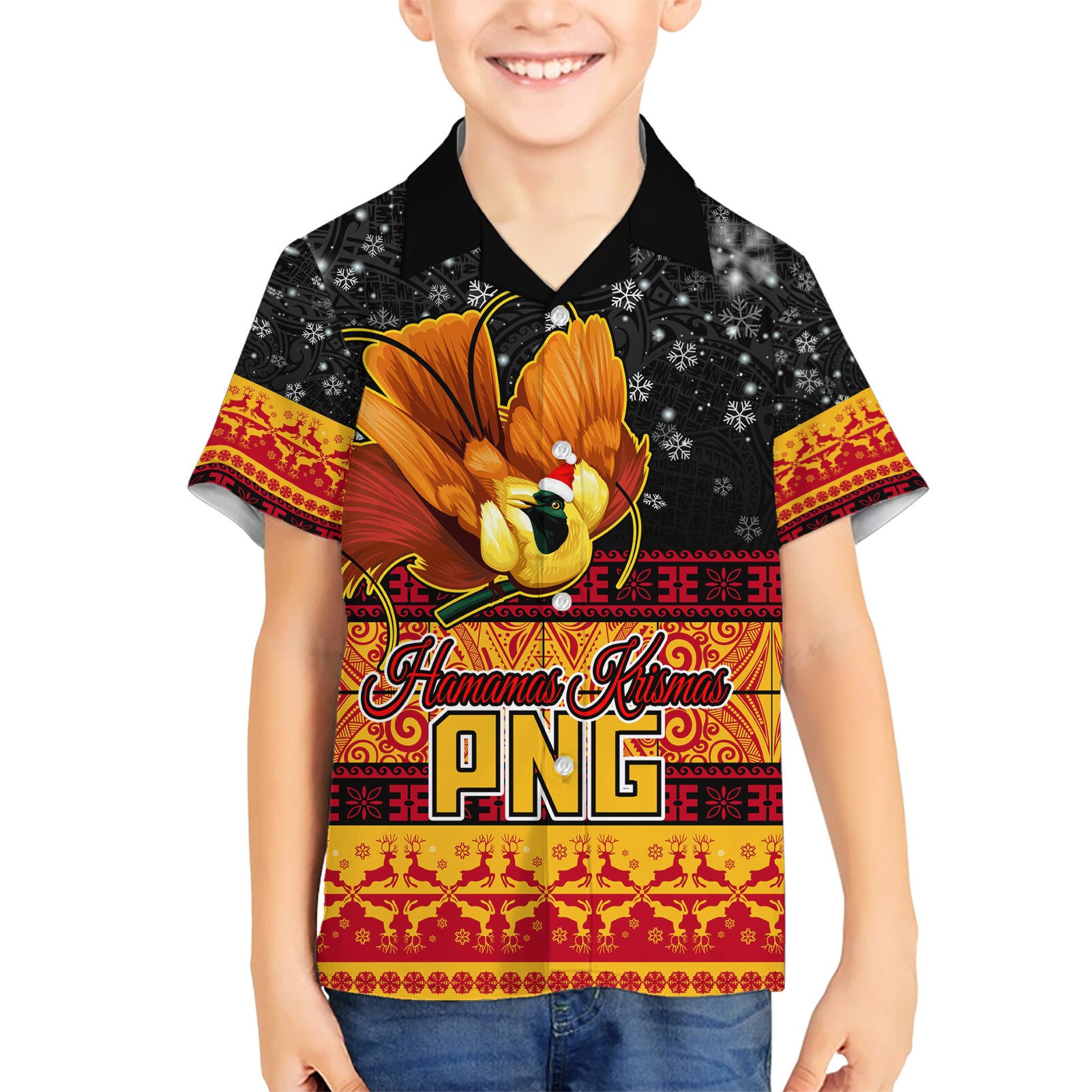 PNG Hamamas Krismas Kid Hawaiian Shirt Papua New Guinea Bird Of Paradise Merry Christmas Black Style LT9 Kid Black - Polynesian Pride