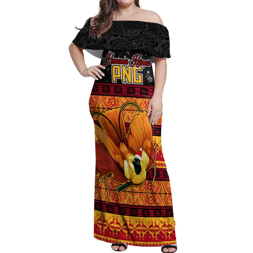 PNG Hamamas Krismas Off Shoulder Maxi Dress Papua New Guinea Bird Of Paradise Merry Christmas Black Style LT9 Women Black - Polynesian Pride