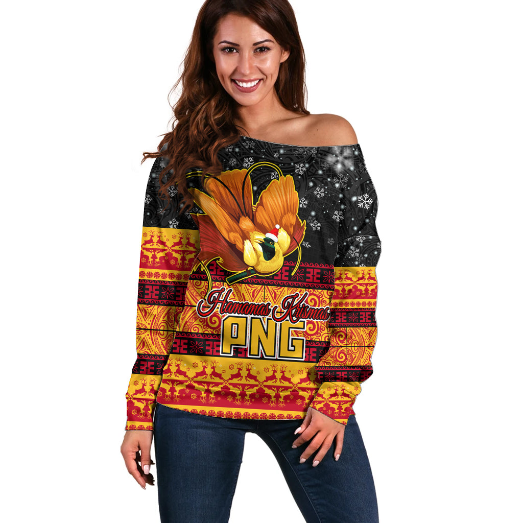 PNG Hamamas Krismas Off Shoulder Sweater Papua New Guinea Bird Of Paradise Merry Christmas Black Style LT9 Women Black - Polynesian Pride