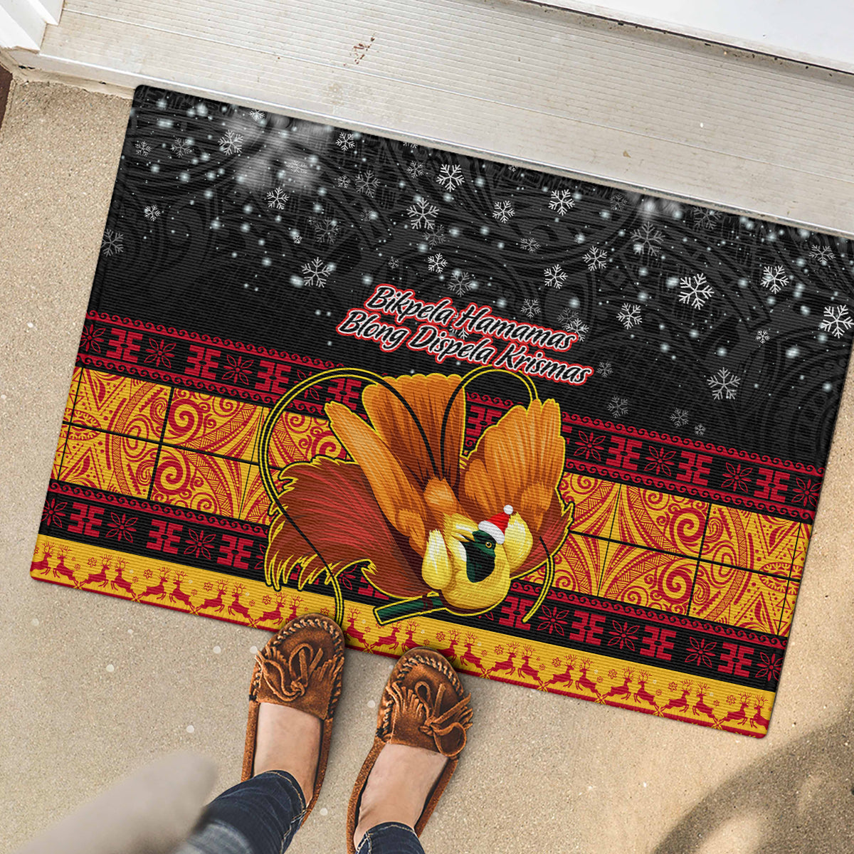 PNG Hamamas Krismas Rubber Doormat Papua New Guinea Bird Of Paradise Merry Christmas Black Style LT9 - Polynesian Pride