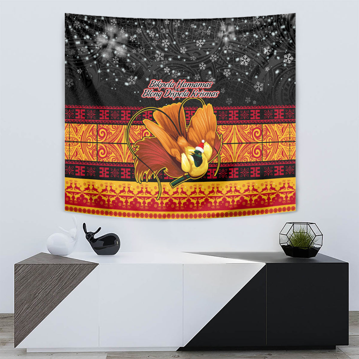PNG Hamamas Krismas Tapestry Papua New Guinea Bird Of Paradise Merry Christmas Black Style LT9 - Polynesian Pride