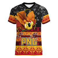 PNG Hamamas Krismas Women V Neck T Shirt Papua New Guinea Bird Of Paradise Merry Christmas Black Style LT9 Female Black - Polynesian Pride