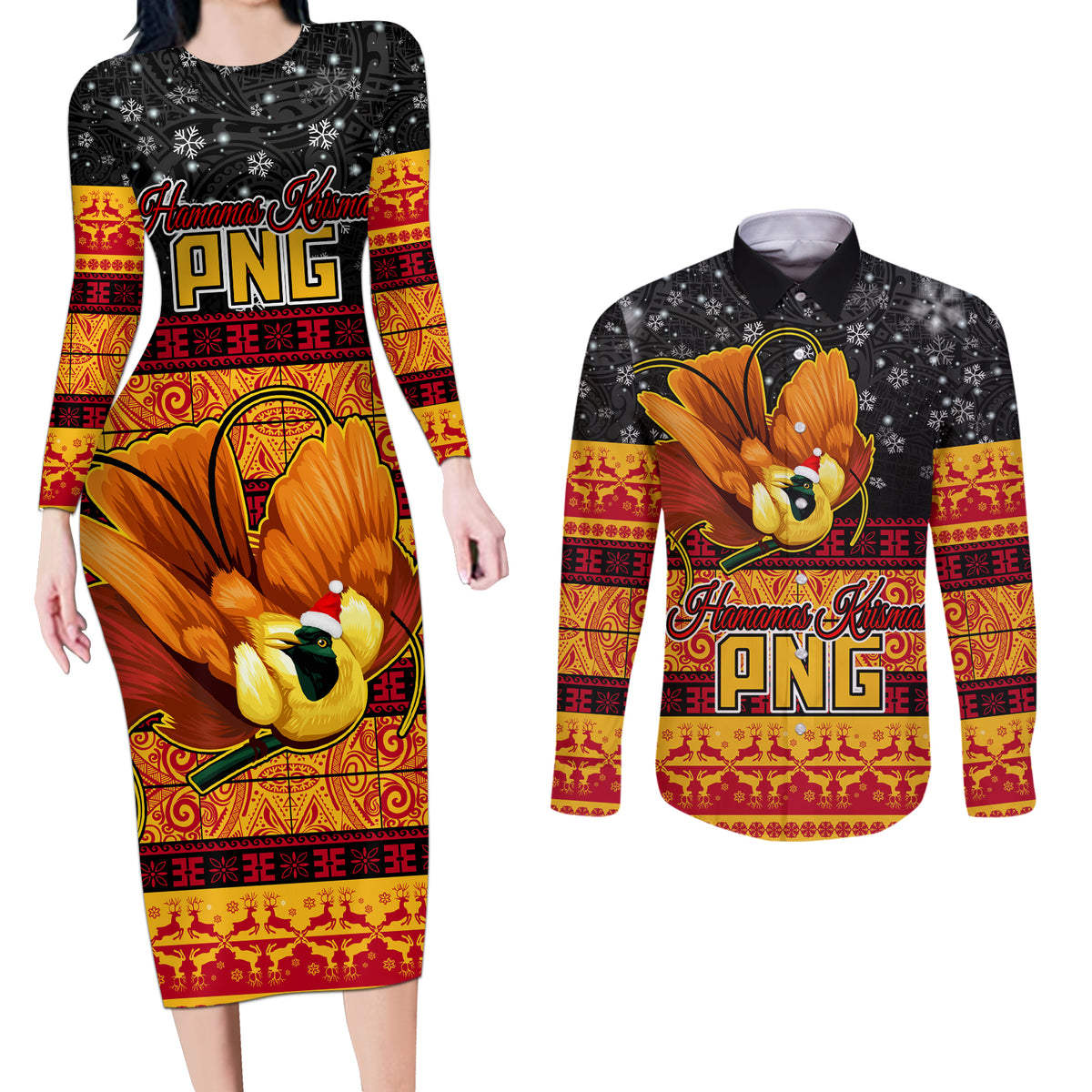 Personalised PNG Hamamas Krismas Couples Matching Long Sleeve Bodycon Dress and Long Sleeve Button Shirt Papua New Guinea Bird Of Paradise Merry Christmas Black Style LT9 Black - Polynesian Pride