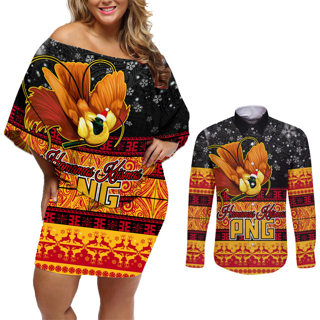 Personalised PNG Hamamas Krismas Couples Matching Off Shoulder Short Dress and Long Sleeve Button Shirt Papua New Guinea Bird Of Paradise Merry Christmas Black Style LT9 Black - Polynesian Pride