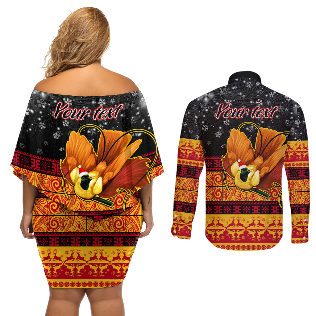Personalised PNG Hamamas Krismas Couples Matching Off Shoulder Short Dress and Long Sleeve Button Shirt Papua New Guinea Bird Of Paradise Merry Christmas Black Style LT9 - Polynesian Pride