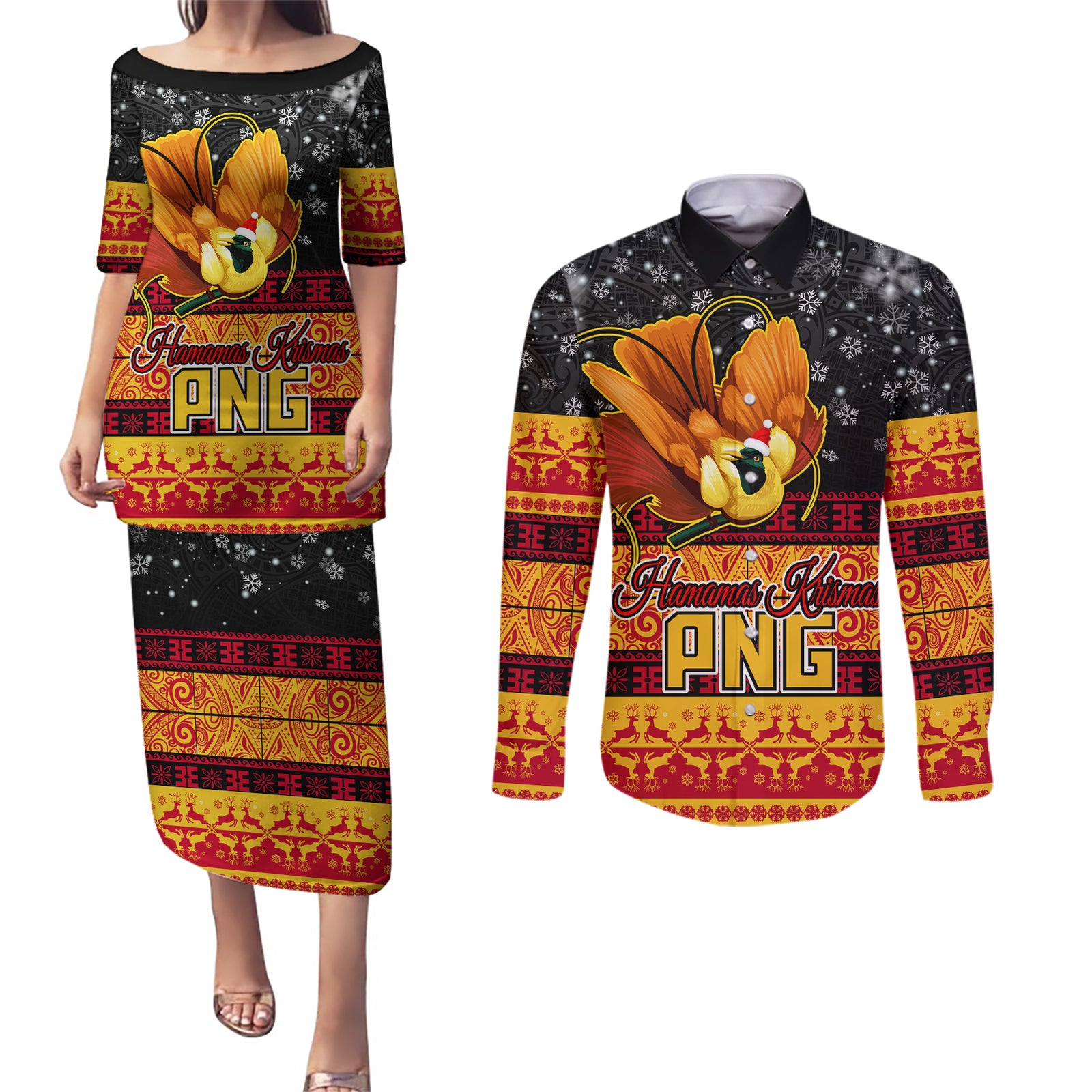 Personalised PNG Hamamas Krismas Couples Matching Puletasi Dress and Long Sleeve Button Shirt Papua New Guinea Bird Of Paradise Merry Christmas Black Style LT9 Black - Polynesian Pride