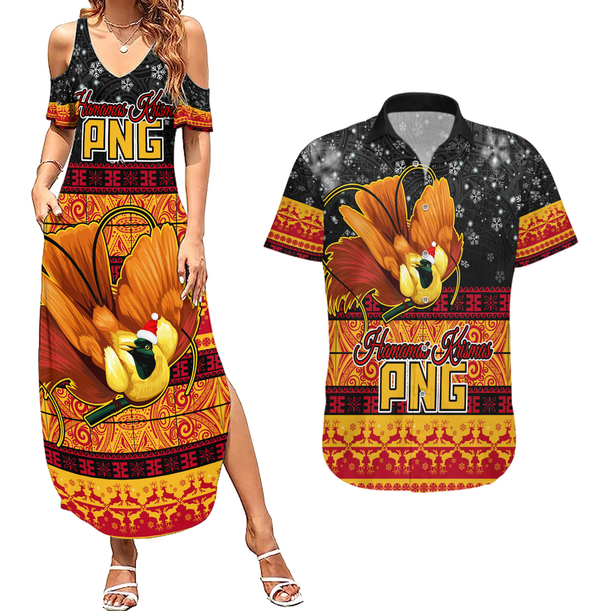 Personalised PNG Hamamas Krismas Couples Matching Summer Maxi Dress and Hawaiian Shirt Papua New Guinea Bird Of Paradise Merry Christmas Black Style LT9 Black - Polynesian Pride