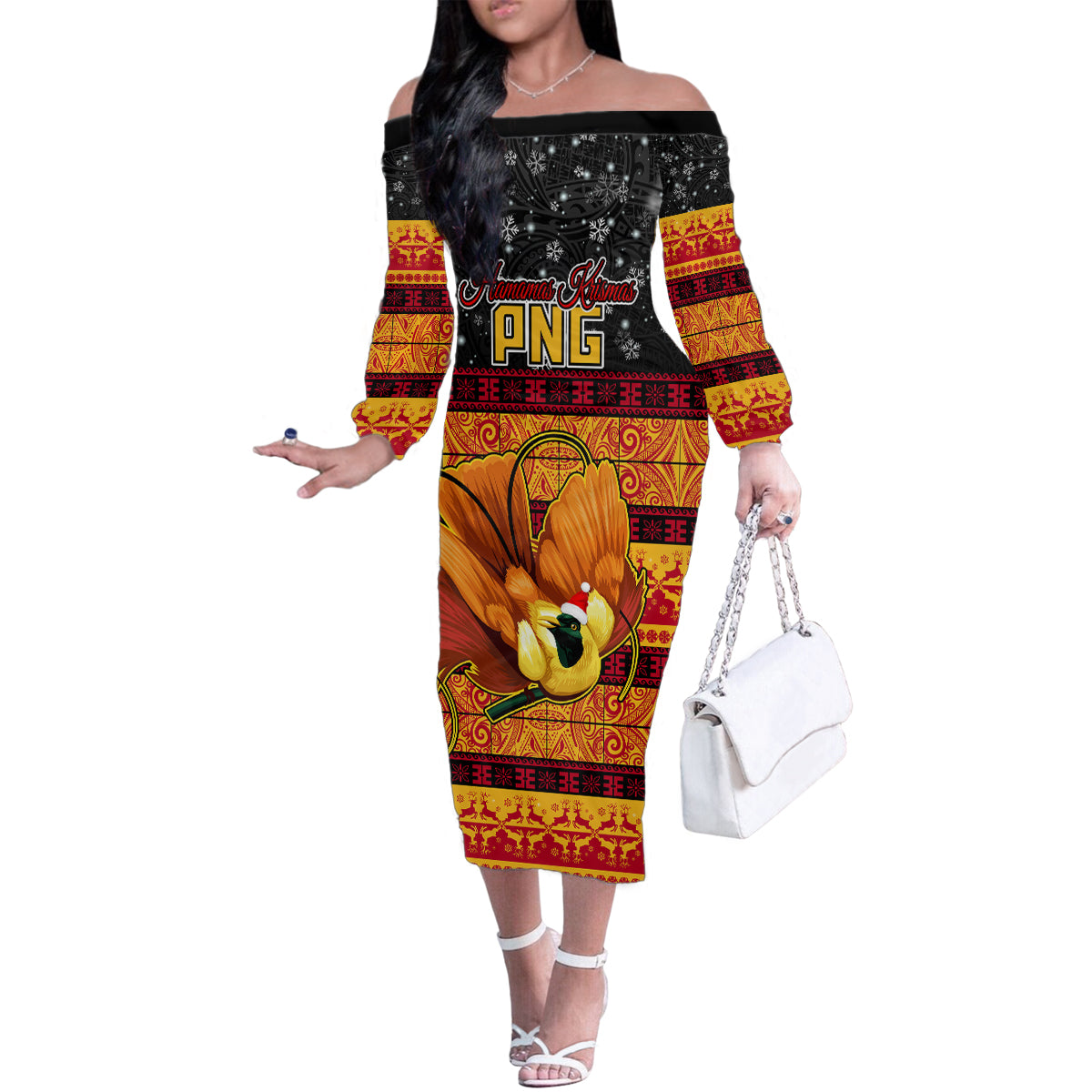 Personalised PNG Hamamas Krismas Family Matching Off Shoulder Long Sleeve Dress and Hawaiian Shirt Papua New Guinea Bird Of Paradise Merry Christmas Black Style LT9 Mom's Dress Black - Polynesian Pride