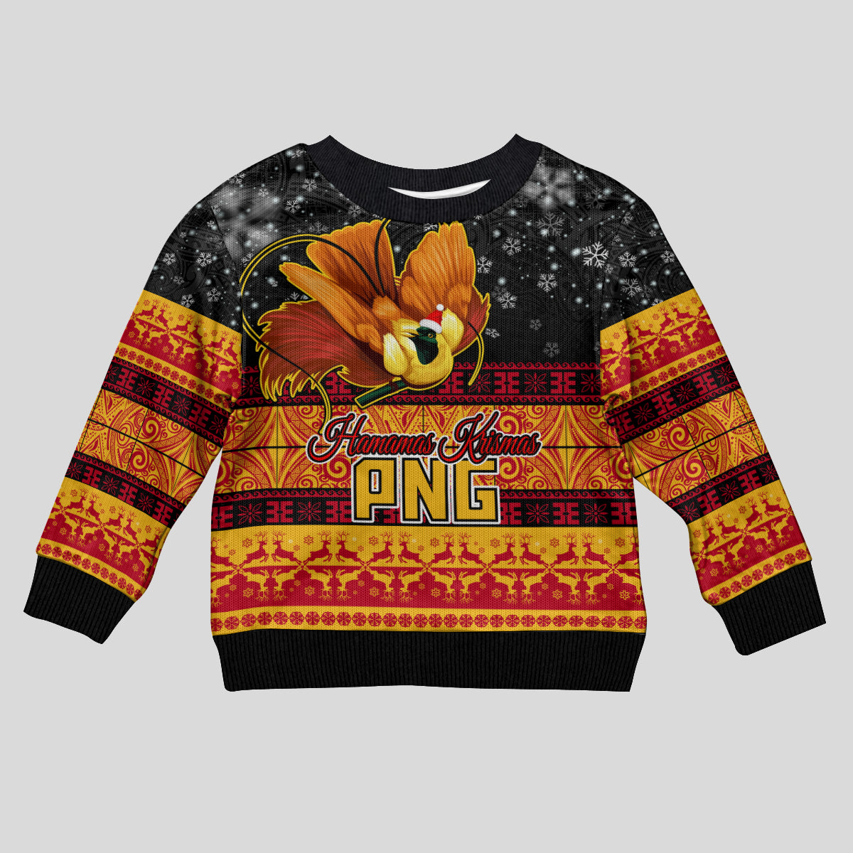 Personalised PNG Hamamas Krismas Kid Ugly Christmas Sweater Papua New Guinea Bird Of Paradise Merry Christmas Black Style LT9 Kid Black - Polynesian Pride