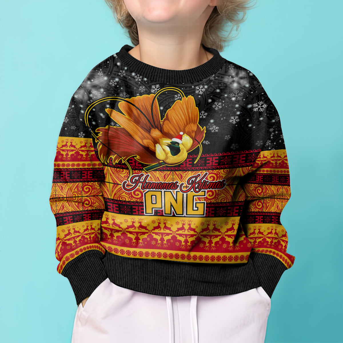 Personalised PNG Hamamas Krismas Kid Ugly Christmas Sweater Papua New Guinea Bird Of Paradise Merry Christmas Black Style LT9 - Polynesian Pride