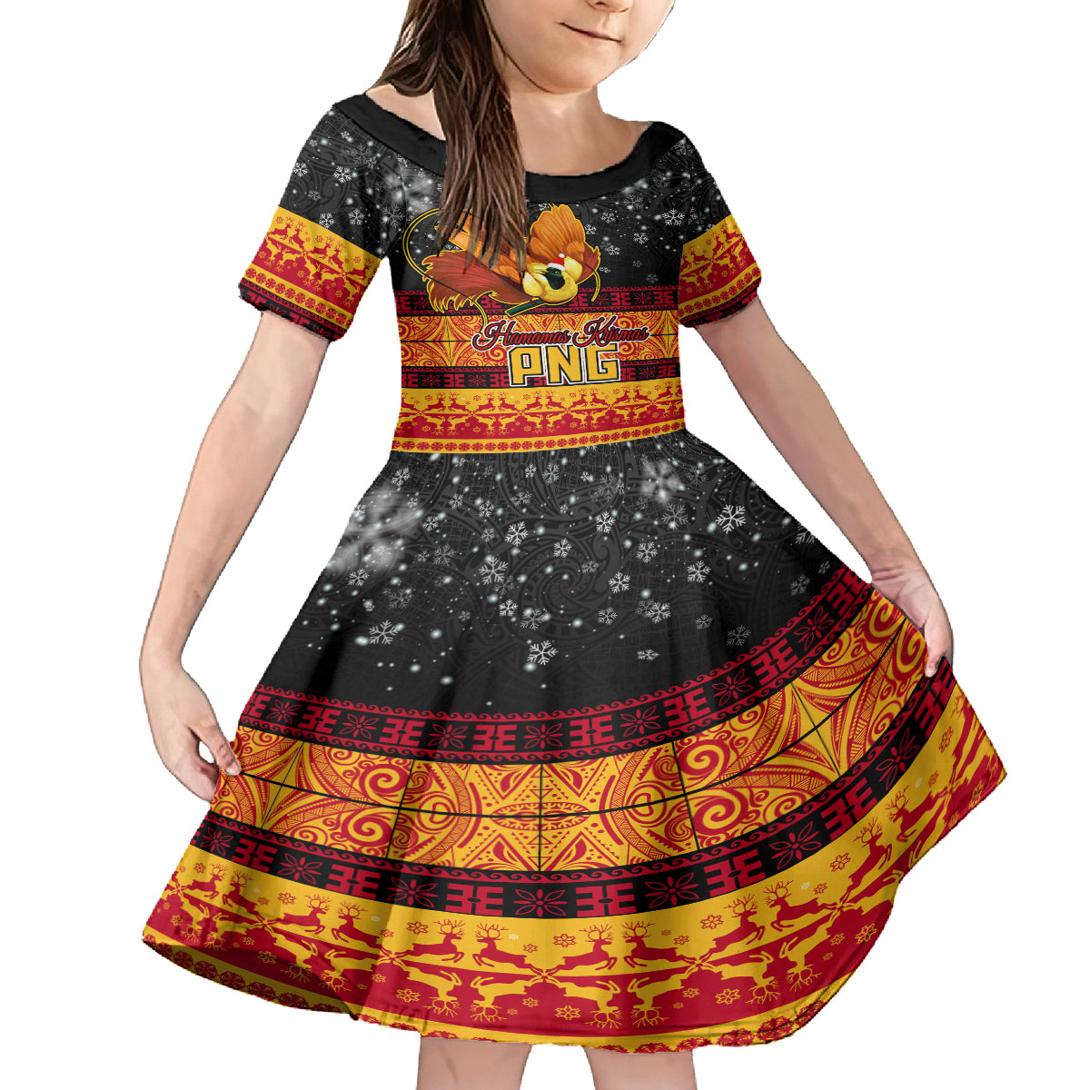 Personalised PNG Hamamas Krismas Kid Short Sleeve Dress Papua New Guinea Bird Of Paradise Merry Christmas Black Style LT9 KID Black - Polynesian Pride