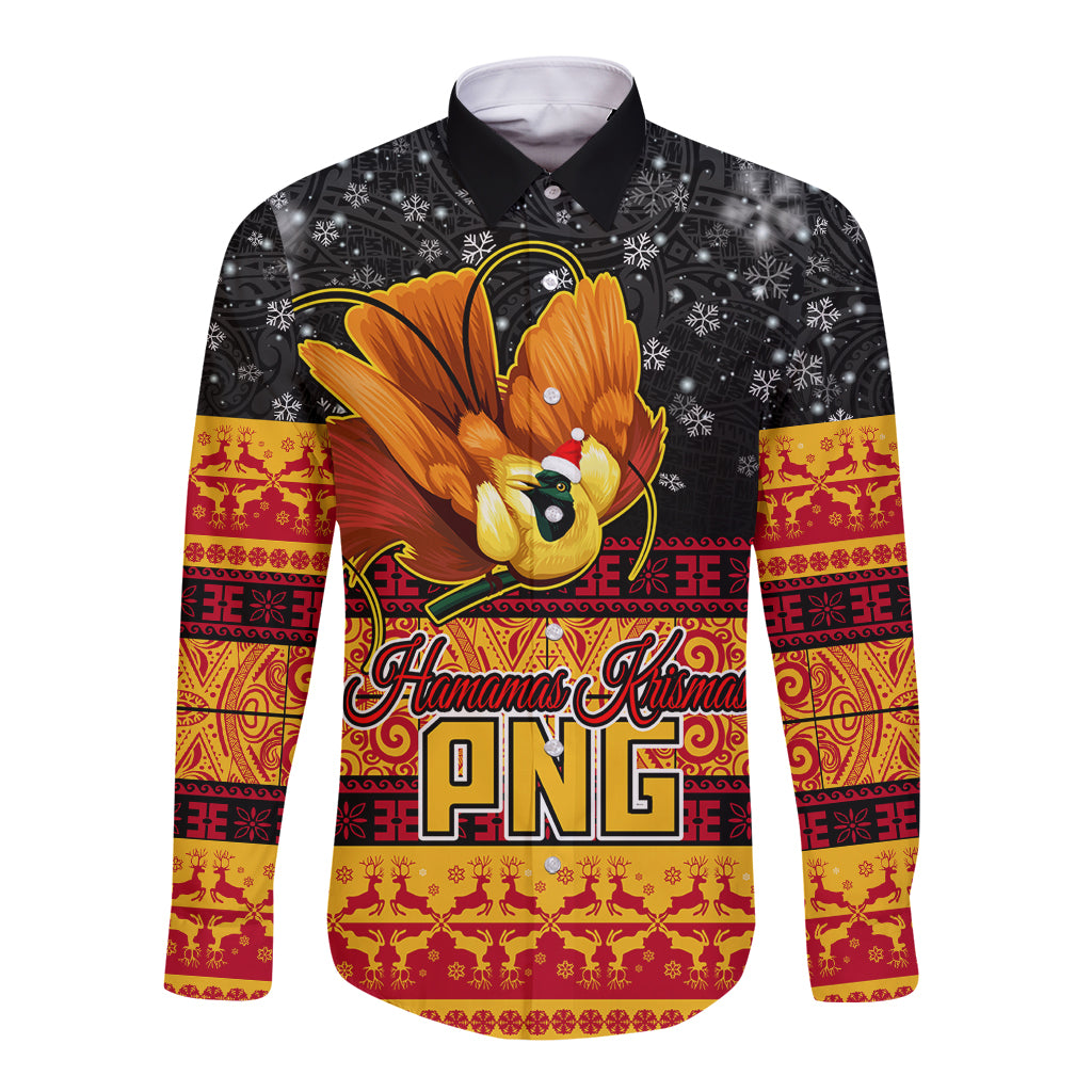 Personalised PNG Hamamas Krismas Long Sleeve Button Shirt Papua New Guinea Bird Of Paradise Merry Christmas Black Style LT9 Unisex Black - Polynesian Pride