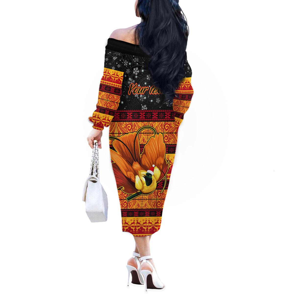 Personalised PNG Hamamas Krismas Off The Shoulder Long Sleeve Dress Papua New Guinea Bird Of Paradise Merry Christmas Black Style LT9 - Polynesian Pride