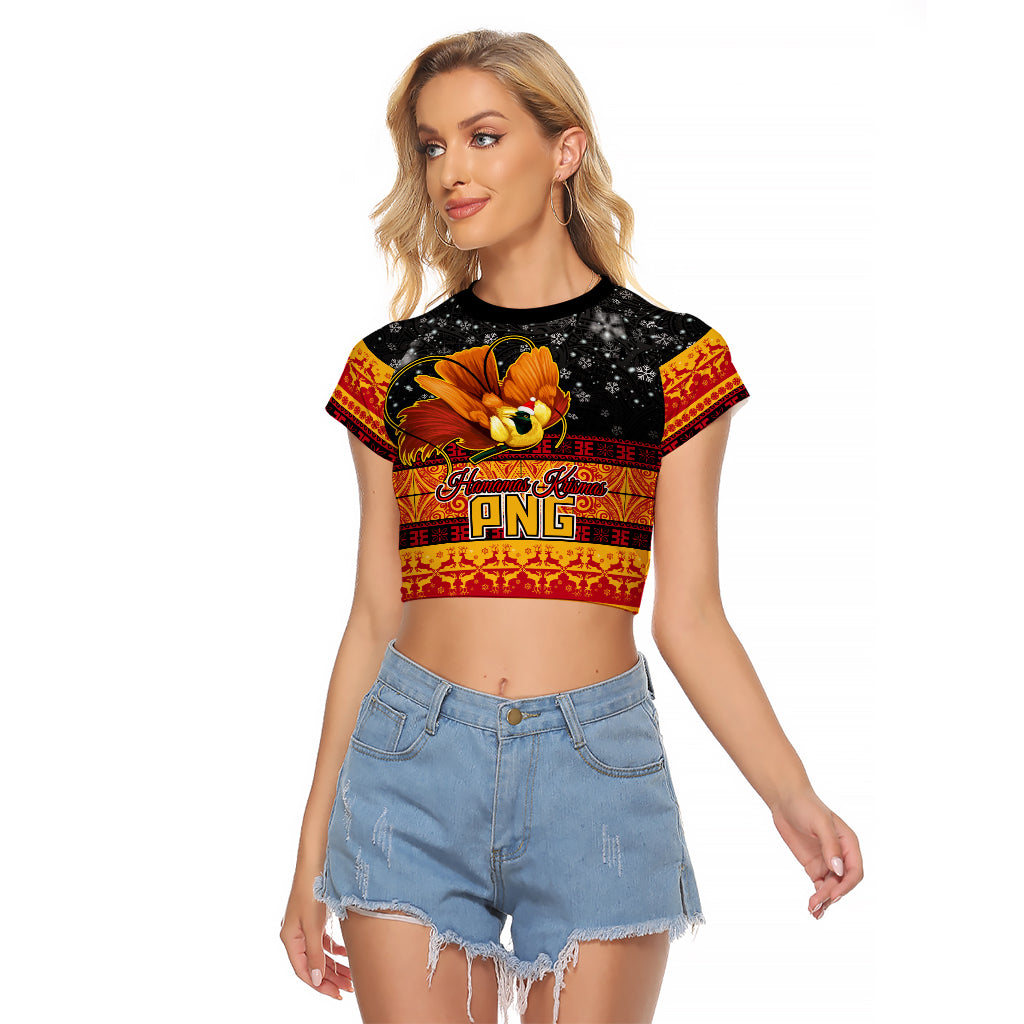 Personalised PNG Hamamas Krismas Raglan Cropped T Shirt Papua New Guinea Bird Of Paradise Merry Christmas Black Style LT9 Female Black - Polynesian Pride