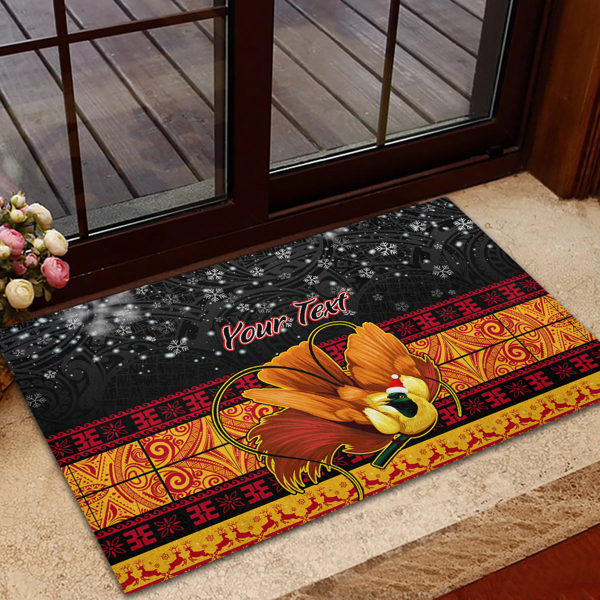 Personalised PNG Hamamas Krismas Rubber Doormat Papua New Guinea Bird Of Paradise Merry Christmas Black Style LT9 - Polynesian Pride