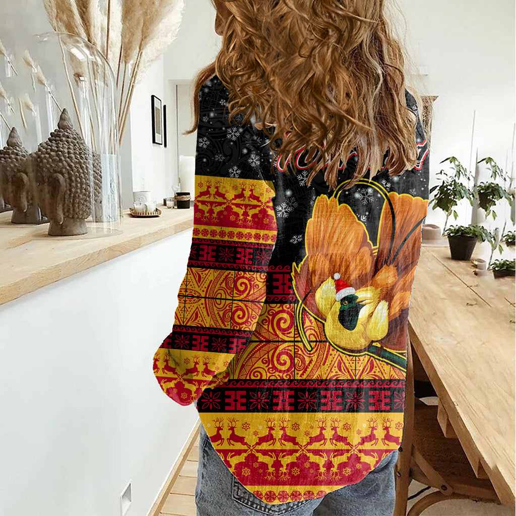Personalised PNG Hamamas Krismas Women Casual Shirt Papua New Guinea Bird Of Paradise Merry Christmas Black Style LT9 - Polynesian Pride