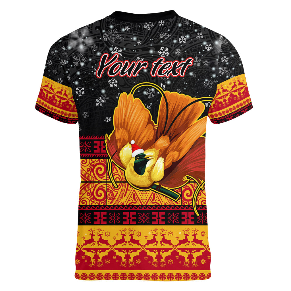 Personalised PNG Hamamas Krismas Women V Neck T Shirt Papua New Guinea Bird Of Paradise Merry Christmas Black Style LT9 - Polynesian Pride