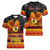 Personalised PNG Hamamas Krismas Women V Neck T Shirt Papua New Guinea Bird Of Paradise Merry Christmas Black Style LT9 - Polynesian Pride