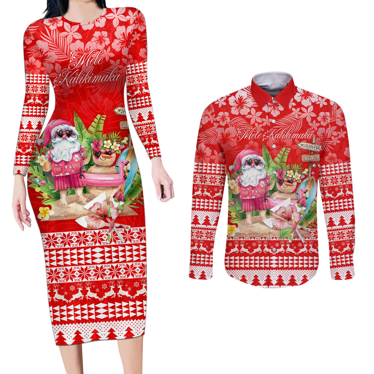 Personalised Hawaii Mele Kalikimaka Couples Matching Long Sleeve Bodycon Dress and Long Sleeve Button Shirt Santa Beach Merry Christmas LT9 Red - Polynesian Pride