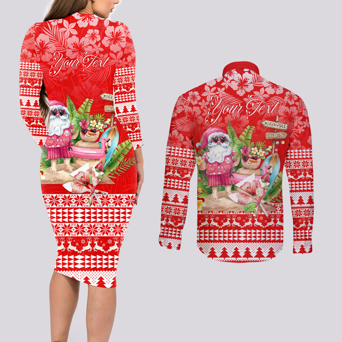 Personalised Hawaii Mele Kalikimaka Couples Matching Long Sleeve Bodycon Dress and Long Sleeve Button Shirt Santa Beach Merry Christmas LT9 - Polynesian Pride