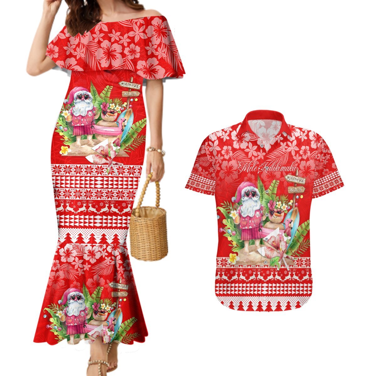 Personalised Hawaii Mele Kalikimaka Couples Matching Mermaid Dress and Hawaiian Shirt Santa Beach Merry Christmas LT9 Red - Polynesian Pride