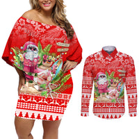 Personalised Hawaii Mele Kalikimaka Couples Matching Off Shoulder Short Dress and Long Sleeve Button Shirt Santa Beach Merry Christmas LT9 Red - Polynesian Pride