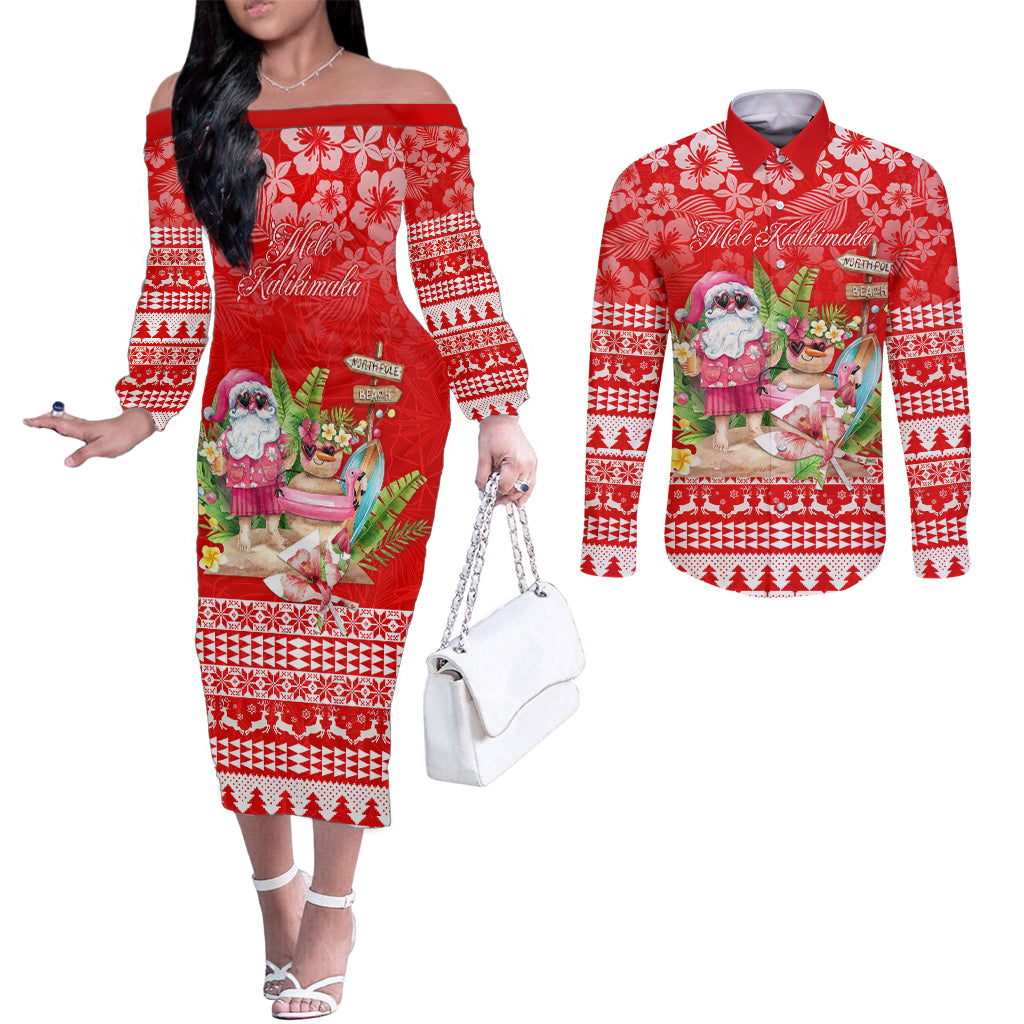 Personalised Hawaii Mele Kalikimaka Couples Matching Off The Shoulder Long Sleeve Dress and Long Sleeve Button Shirt Santa Beach Merry Christmas LT9 Red - Polynesian Pride