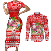 Personalised Hawaii Mele Kalikimaka Couples Matching Short Sleeve Bodycon Dress and Long Sleeve Button Shirt Santa Beach Merry Christmas LT9 Red - Polynesian Pride