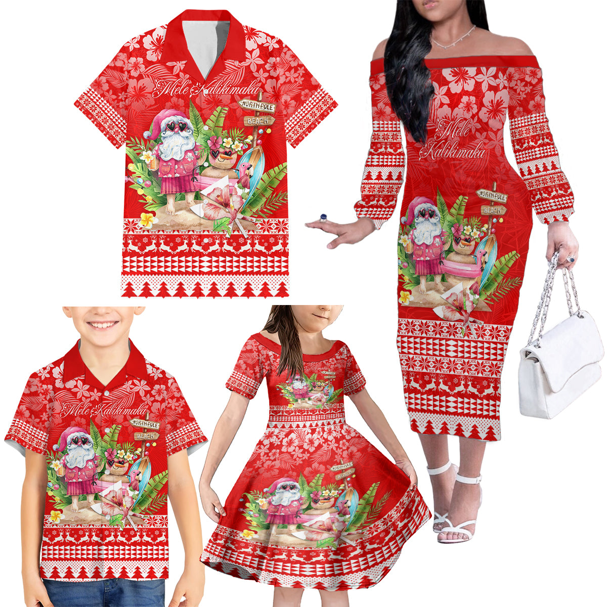Personalised Hawaii Mele Kalikimaka Family Matching Off Shoulder Long Sleeve Dress and Hawaiian Shirt Santa Beach Merry Christmas LT9 - Polynesian Pride