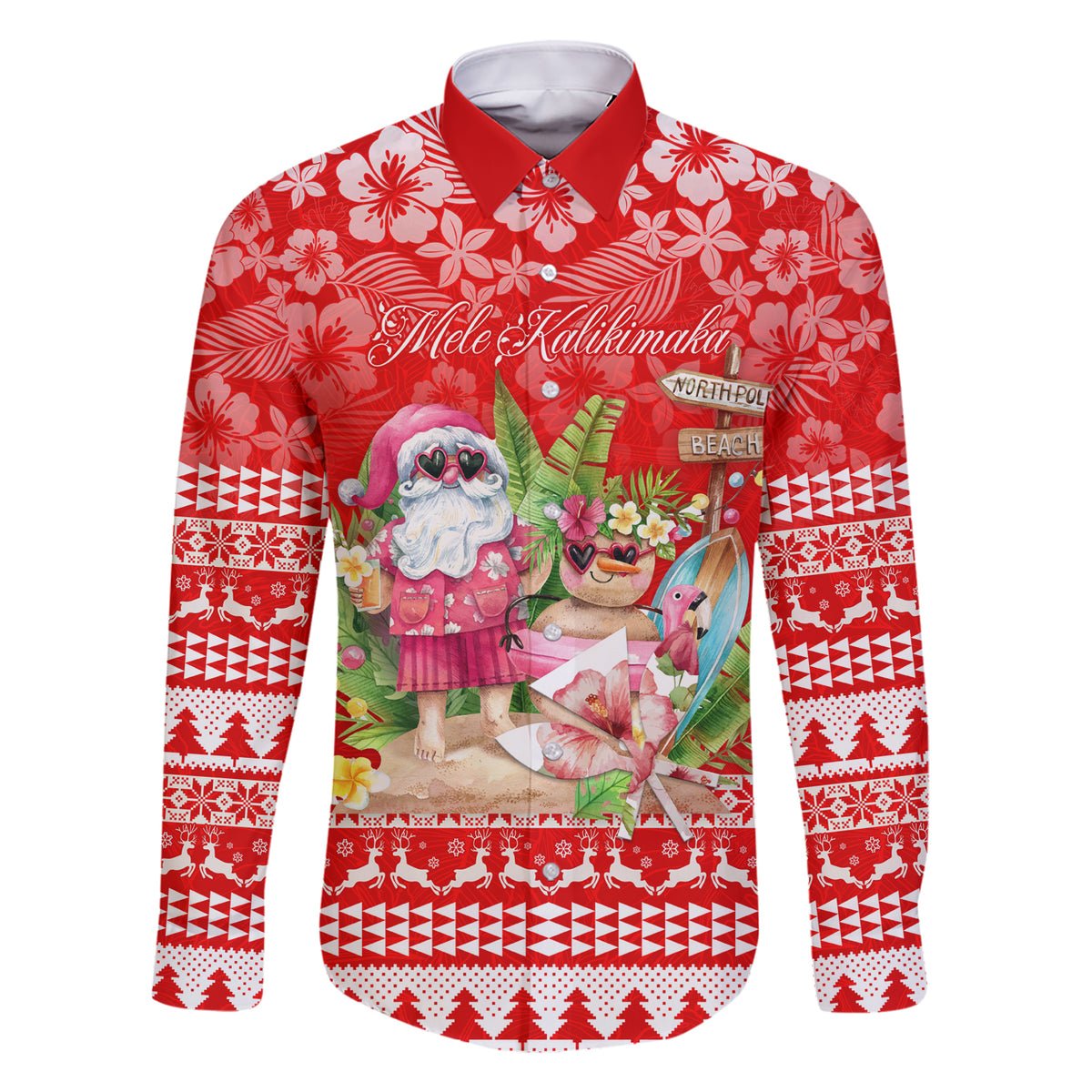 Personalised Hawaii Mele Kalikimaka Family Matching Short Sleeve Bodycon Dress and Hawaiian Shirt Santa Beach Merry Christmas LT9 Dad's Shirt - Long Sleeve Red - Polynesian Pride