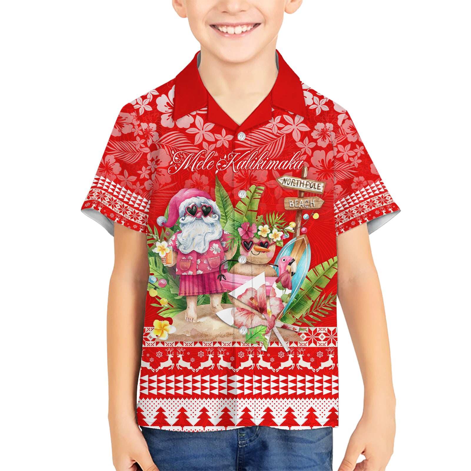 Personalised Hawaii Mele Kalikimaka Kid Hawaiian Shirt Santa Beach Merry Christmas LT9 Kid Red - Polynesian Pride