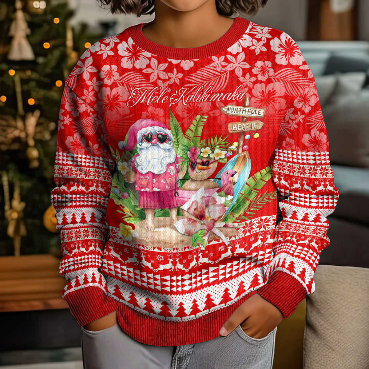 Personalised Hawaii Mele Kalikimaka Kid Ugly Christmas Sweater Santa Beach Merry Christmas LT9 - Polynesian Pride