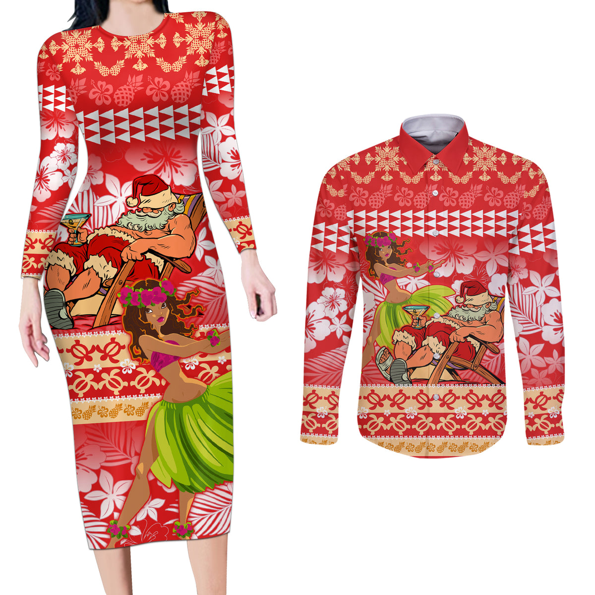 Hawaii Mele Kalikimaka Couples Matching Long Sleeve Bodycon Dress and Long Sleeve Button Shirt Santa Claus and Hula Dancing Merry Christmas LT9 Red - Polynesian Pride