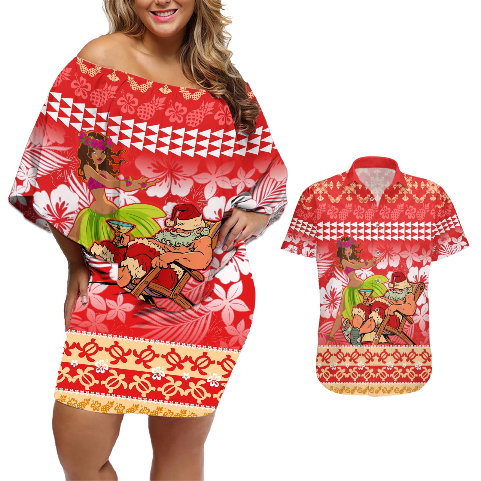 Hawaii Mele Kalikimaka Couples Matching Off Shoulder Short Dress and Hawaiian Shirt Santa Claus and Hula Dancing Merry Christmas LT9 Red - Polynesian Pride