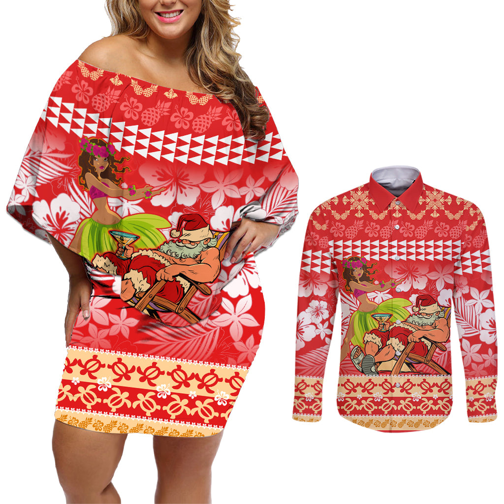 Hawaii Mele Kalikimaka Couples Matching Off Shoulder Short Dress and Long Sleeve Button Shirt Santa Claus and Hula Dancing Merry Christmas LT9 Red - Polynesian Pride
