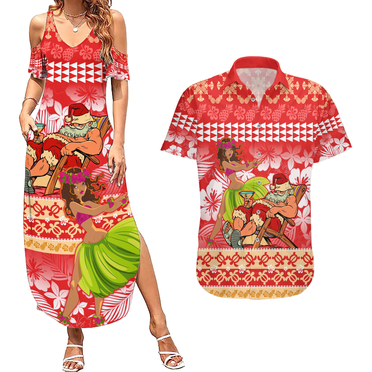 Hawaii Mele Kalikimaka Couples Matching Summer Maxi Dress and Hawaiian Shirt Santa Claus and Hula Dancing Merry Christmas LT9 Red - Polynesian Pride