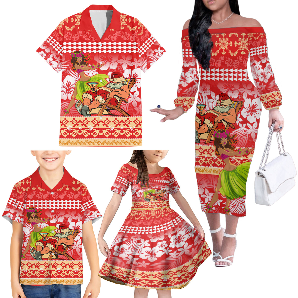 Hawaii Mele Kalikimaka Family Matching Off Shoulder Long Sleeve Dress and Hawaiian Shirt Santa Claus and Hula Dancing Merry Christmas LT9 - Polynesian Pride