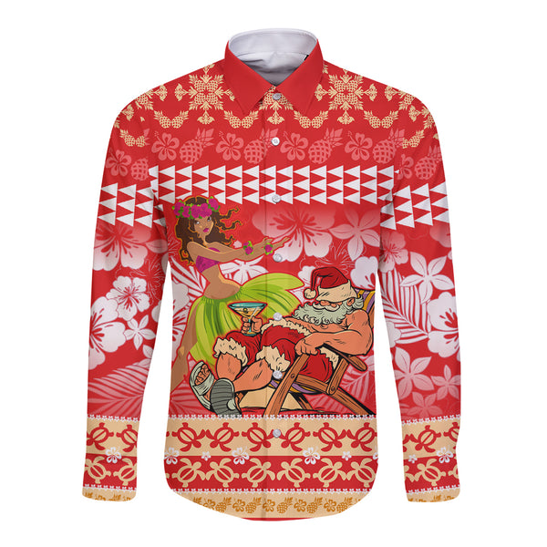 Hawaii Mele Kalikimaka Long Sleeve Button Shirt Santa Claus and
